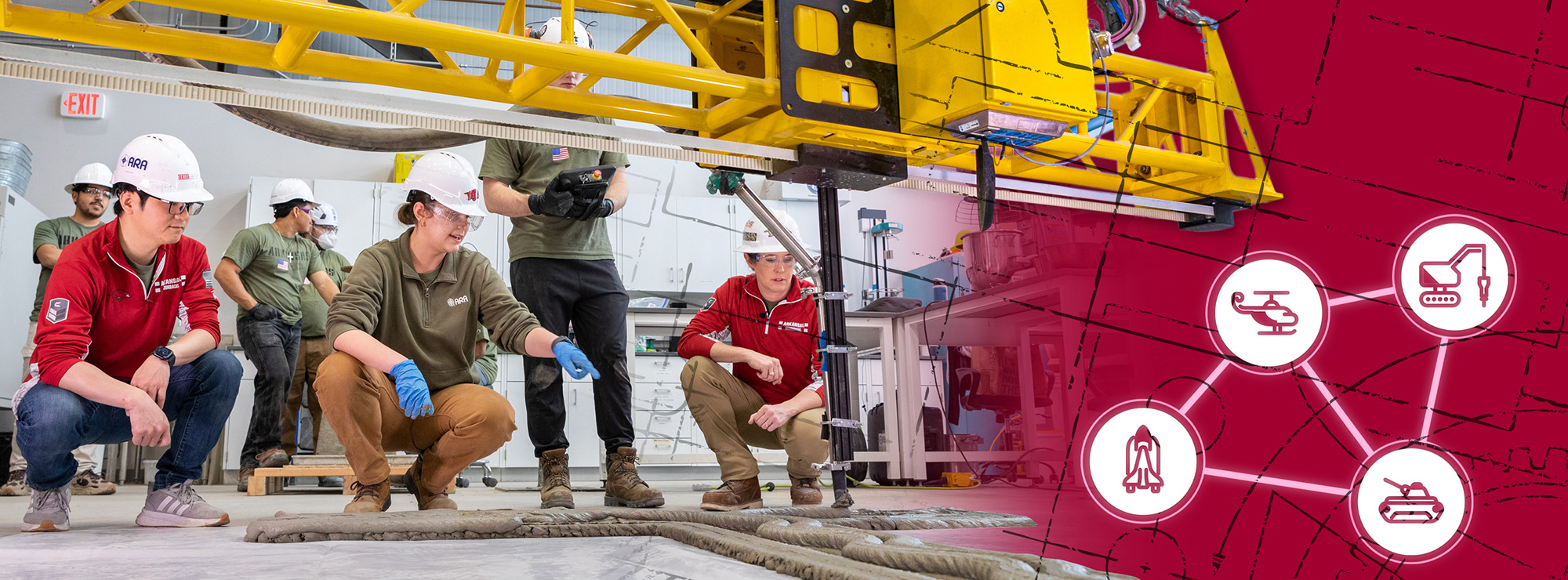 University of Arkansas faculty and students work with a cement 3d printer in lab.