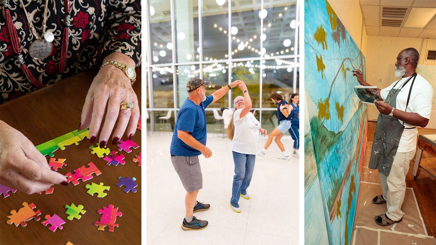 People engaging their mind and body in puzzle solving, dancing and painting.