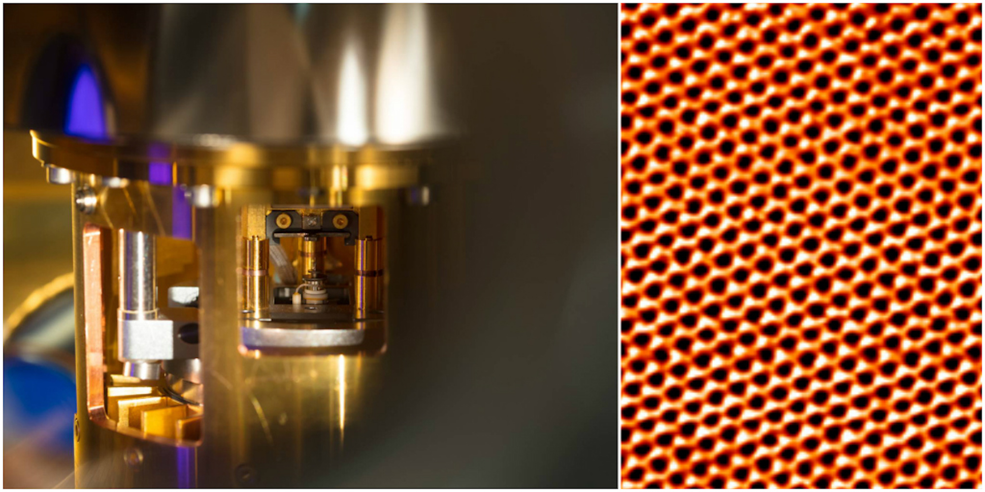 Scanning tunneling microscopes are used to observe the natural movement of atom-thick layers of graphene (left). The resulting image of a sheet of graphene resembles a honeycomb pattern.