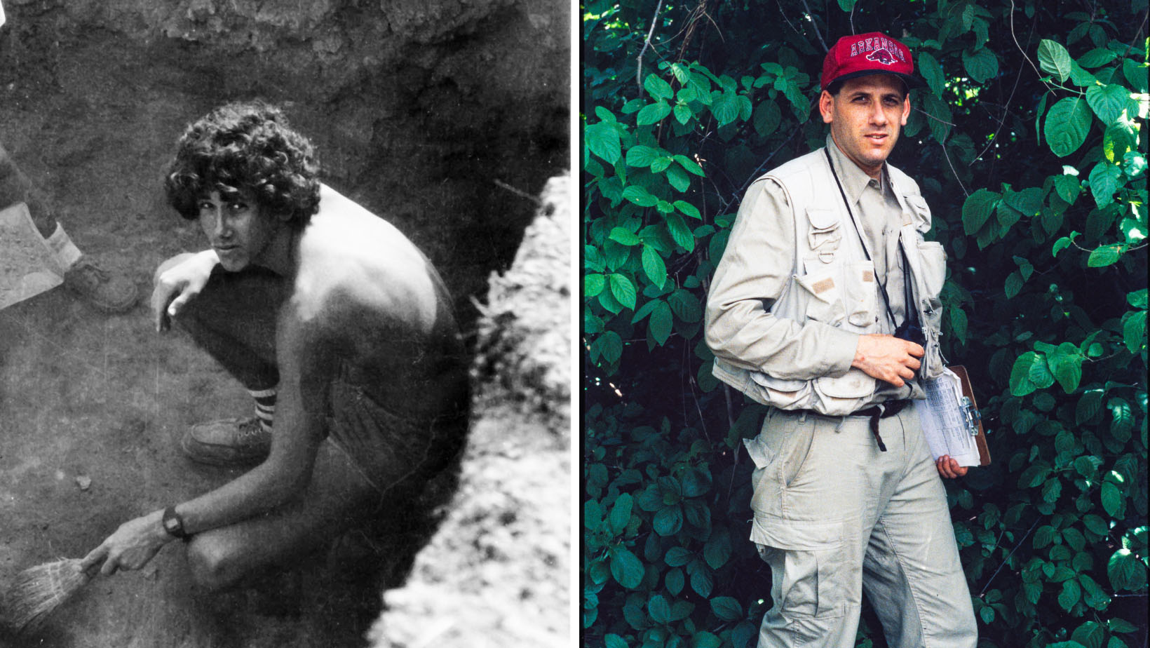 (Left) Ungar in his first field experience in Israel in 1981. (Center) Ungar in Costa Rica in 1997, studying Howling Monkeys at Hacienda La Pacifica. (Right) Ungar, in South Africa, holds the earliest found fossil human ancestor in Africa, the Taung child. 